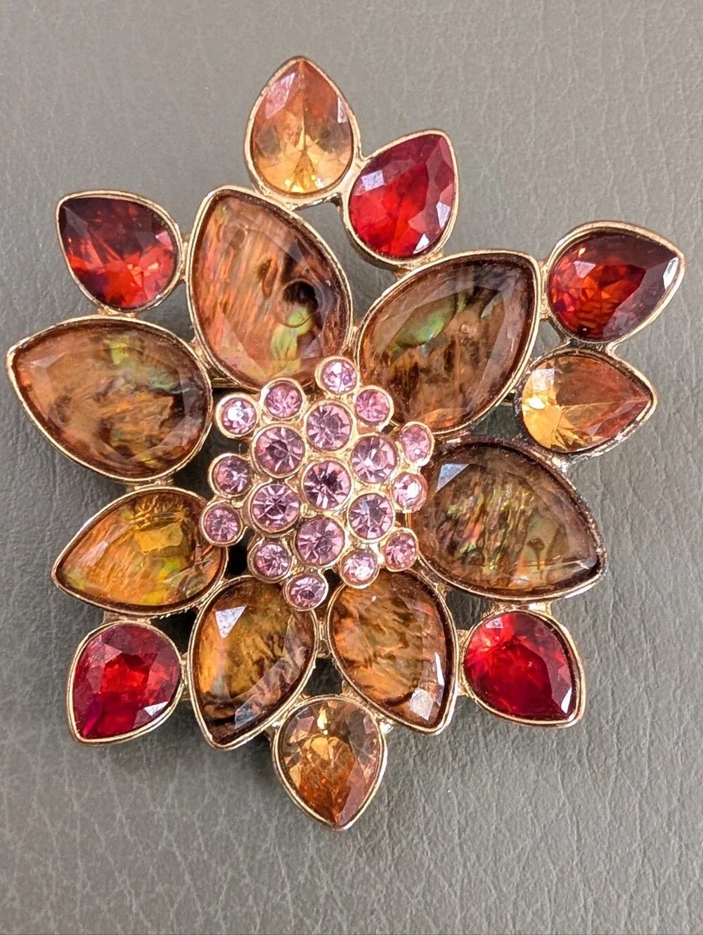 Vintage Floral Brooch with Amber, Red and Pink Stones